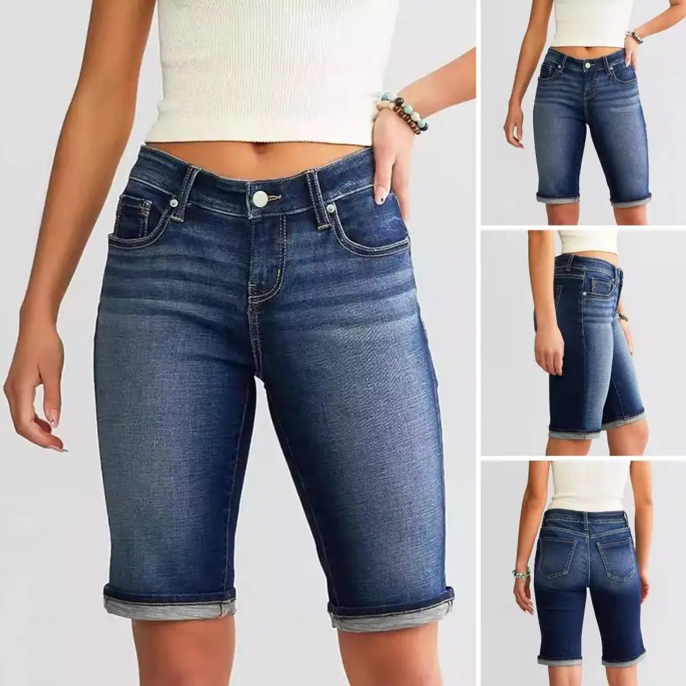 

Distressed Denim Shorts Retro Washed Denim Shorts with Distressed Gradient Color Slim Fit Stretchy Design Mid Waist Button