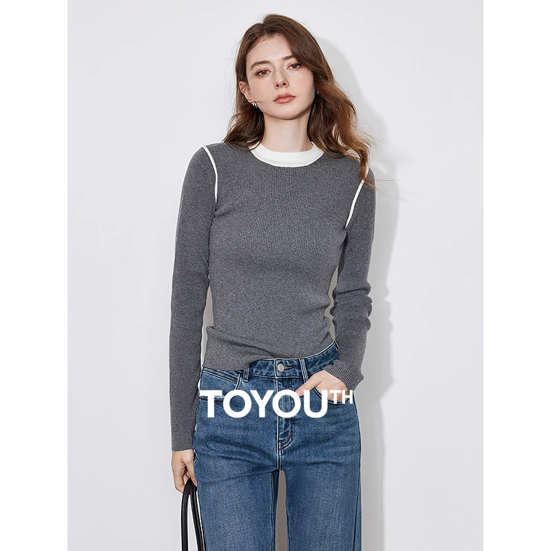 TOYOUTH Women Knitted Sweater 2024 Autumn and Winter New Fake Two Piece Contrasting Color Round Neck Slim Fit Pullover Tops