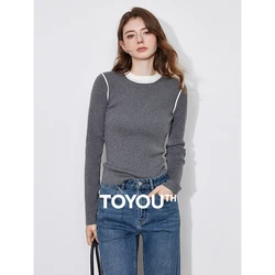 TOYOUTH Women Knitted Sweater 2024 Autumn and Winter New Fake Two Piece Contrasting Color Round Neck Slim Fit Pullover Tops