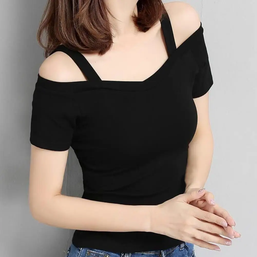 Off Shoulder Sling Short Sleeve Women T-shirt Summer Solid Color Slim Pullover Top Streetwear Pure Color Lady Slim Tee Top