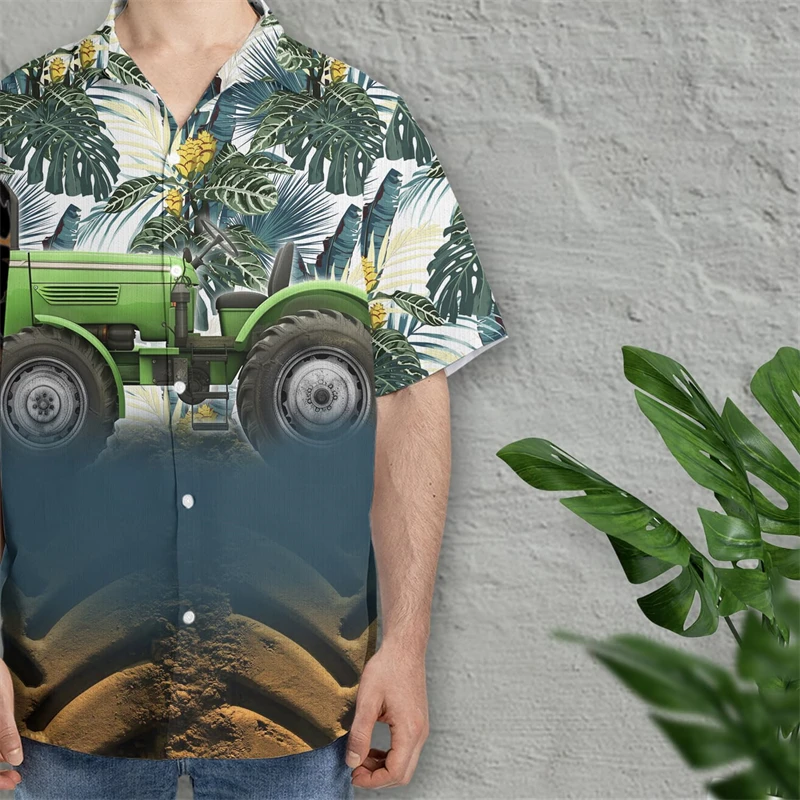 Fashion Tractor 3D Printed Shirts For Men Clothes Farm Work Lapel Blouse Agriculture Farmer Bumper Harvest Wheat Beach Shirt Top