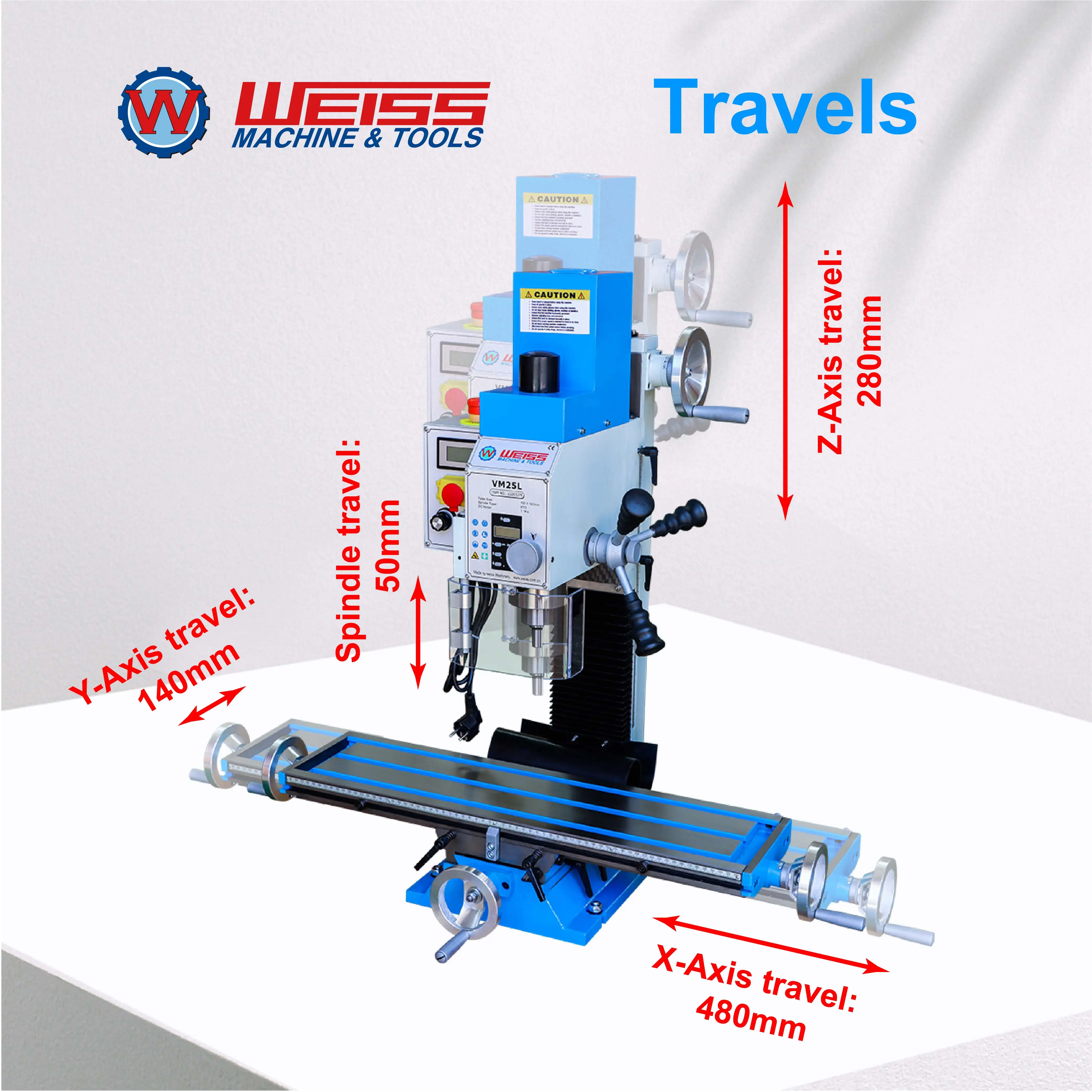 WEISS Milling Machine VM25L 1100W Brushless Motor Mill Drill MT3 R8 Variable Speed 2250rpm for Precision Machining