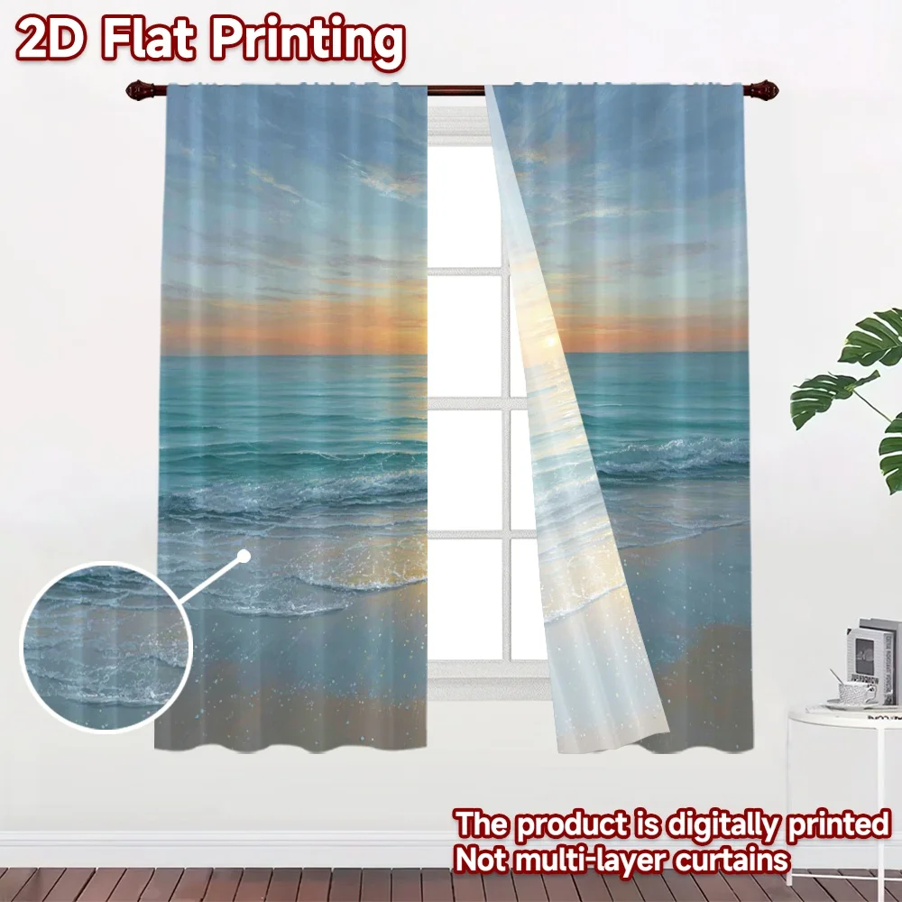 2D flat printing 2pcs Curtain Curtain Peaceful Ocean Sunrise Digital Printed Polyester Drapes Festive Wall Decor for Photo