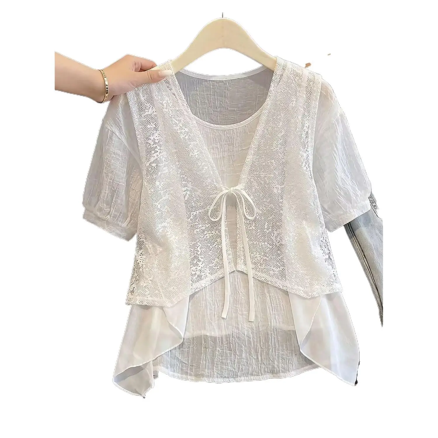 Summer 2026 plus Size Women's Fashion Asymmetrical Belted Vest Lightweight Short Sleeve Chiffon Shirt Two-Piece Set Casual Ko...