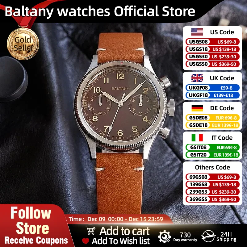 Baltany Design cronógrafo S5054 bisel giratorio reinicio rápido Miyota 6S21 cristal de zafiro 39MM relojes militares de acero inoxidable