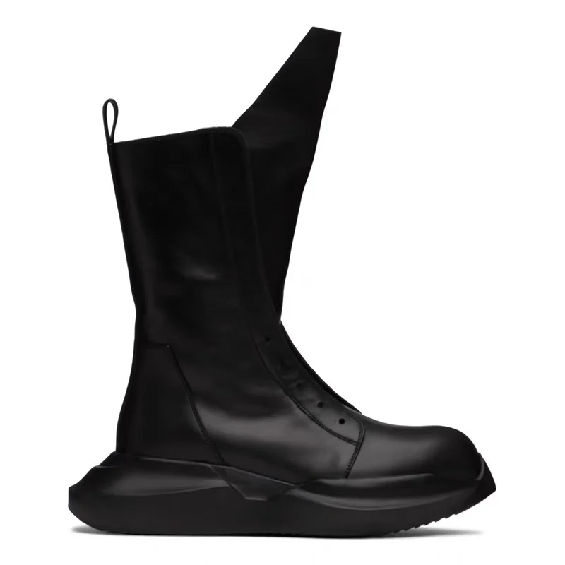High Street New Ro Style Mid Top Boots Leather Thick Soled Men's Shoes Runway Zipper Leather Casual Boots