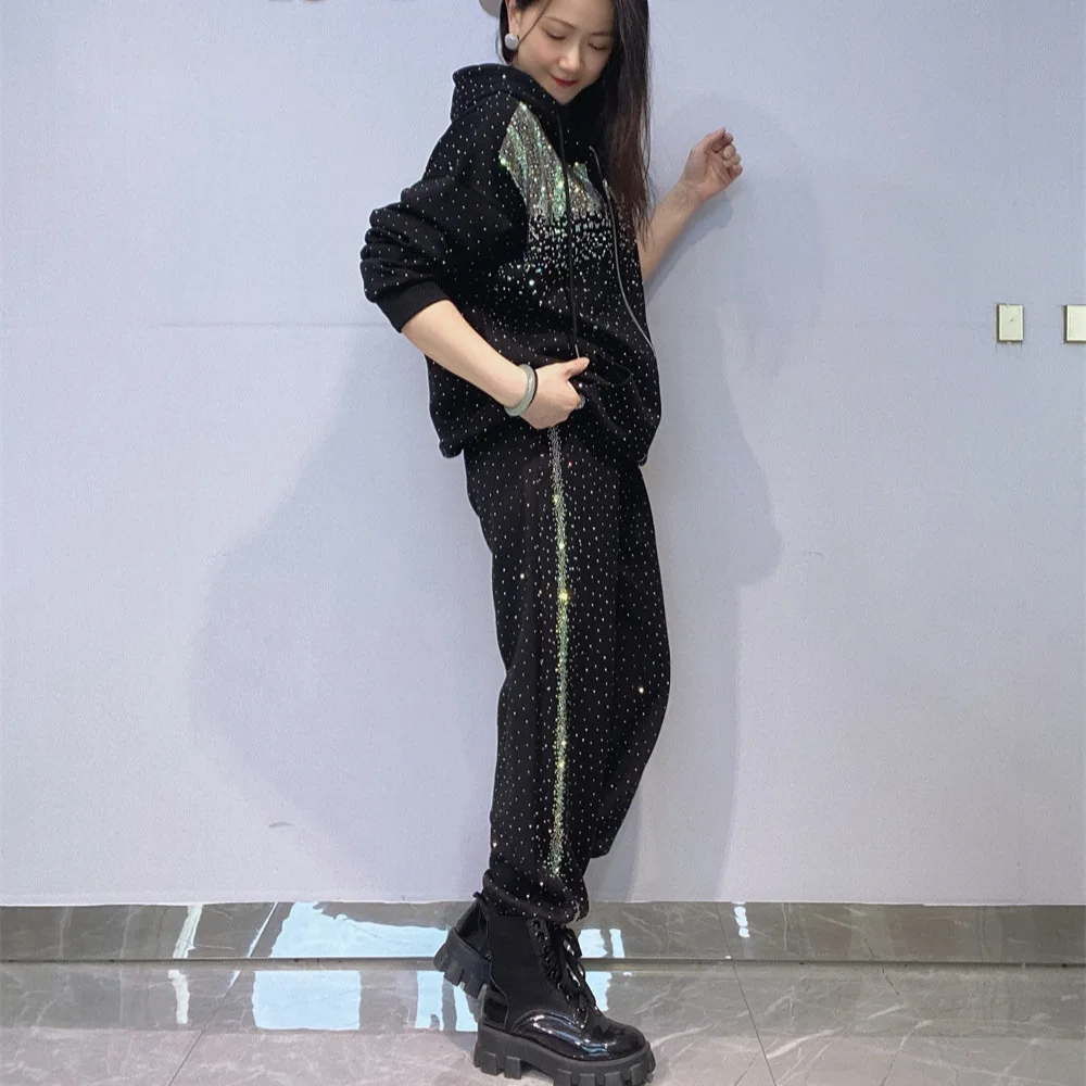 Oversized 2 Piece Sets Womens Outfits Diamonds Autumn Loose Black Tracksuit Casual Hooded Zipper Cardigan Top and Pant Suits