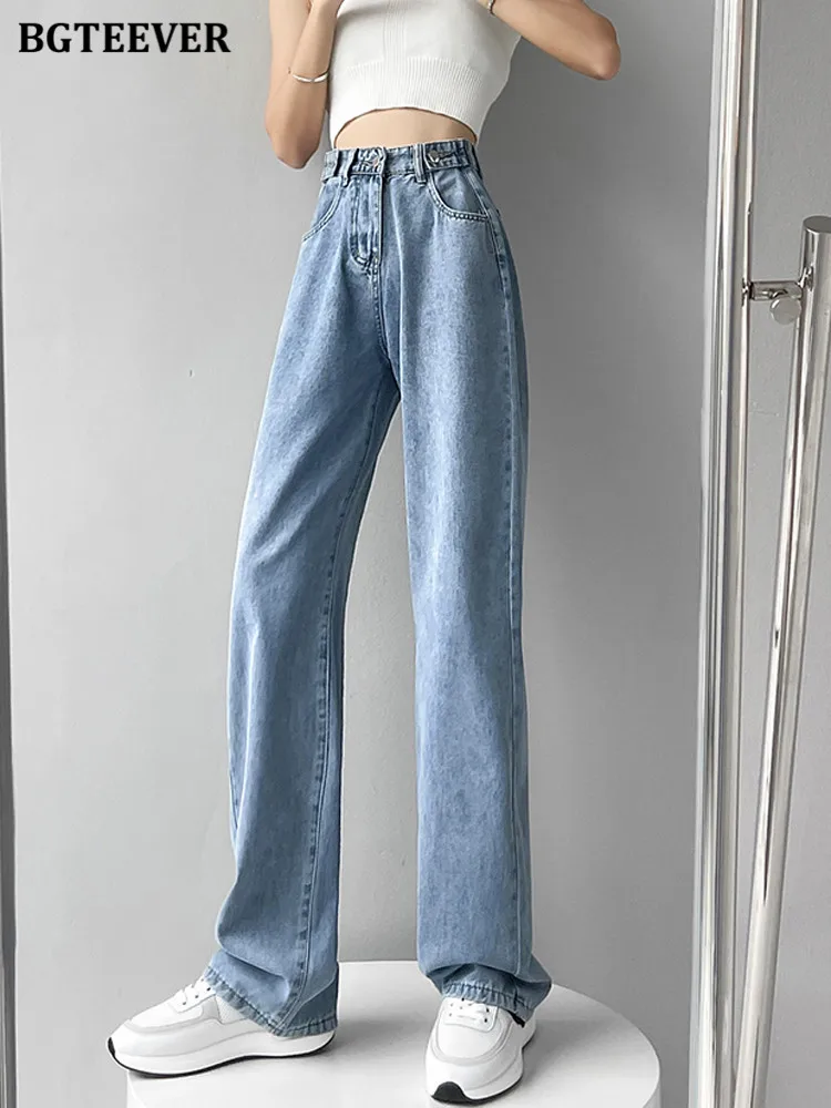 Bgteever casual senhoras calças jeans longas verão fino mulheres jeans cintura alta bolsos soltos feminino perna larga calças jeans
