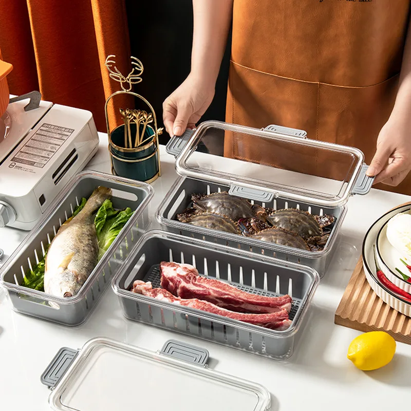 

Refrigerator Storage Box With Lid And Handle Food Preservation Box Frozen Divided Serving Tray Kitchen Fruit Fish Containers