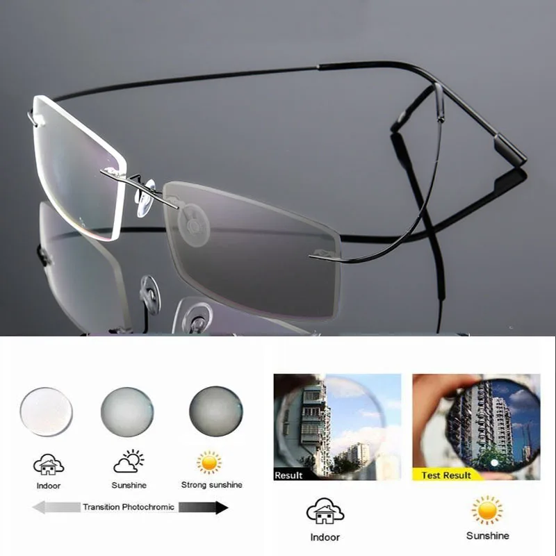 Randlose Ultraleichte Photochrome Myopie‑Brille Männer Titanlegierung Geschäftsbrille grau‑veränderliche Linsen – Detail 13