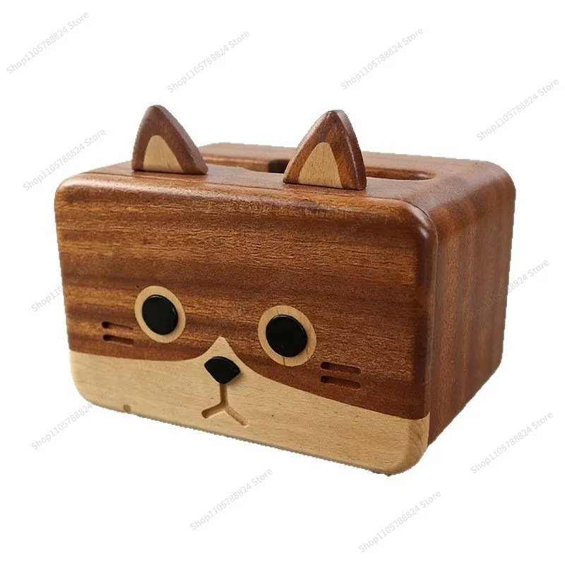 For Cute Shiba Inu Tissue Box Solid Wood Restaurant Desktop Tissue Storage Box Wooden Household Paper Box
