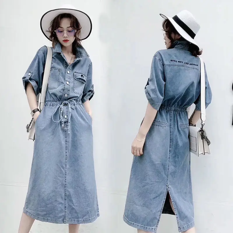 2023 Summer New Korean Fashion Party Dress Solid Blue Pocket Denim Women's Skirt Elegant Home Dresses Notched Female Clothing