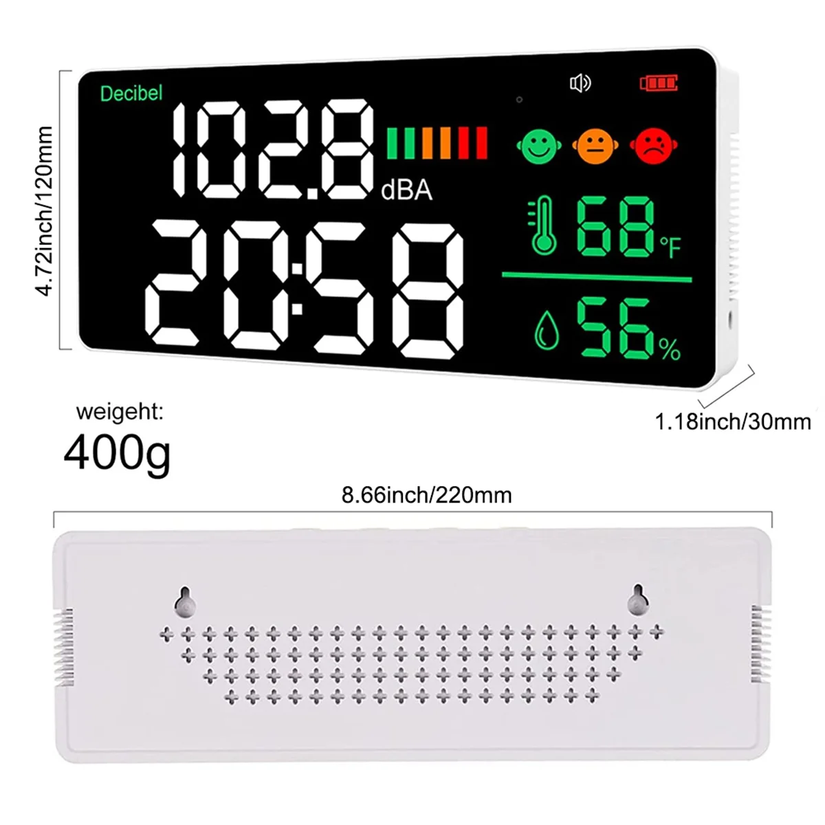 ABKO-Decibel Meter Wall Hanging Sound Level Meter 30-130DB Range 8.6 Inch Large LED Display Noise Time Temperature