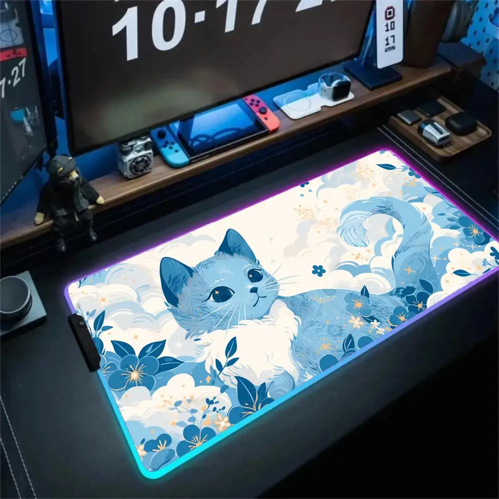 

Коврик для мыши с изображением кота, коврик для мыши с RGB подсветкой, механические коврики для клавиатуры, аксессуары для офисного компьютера, коврики, светодиодный противоскользящий игровой настольный коврик