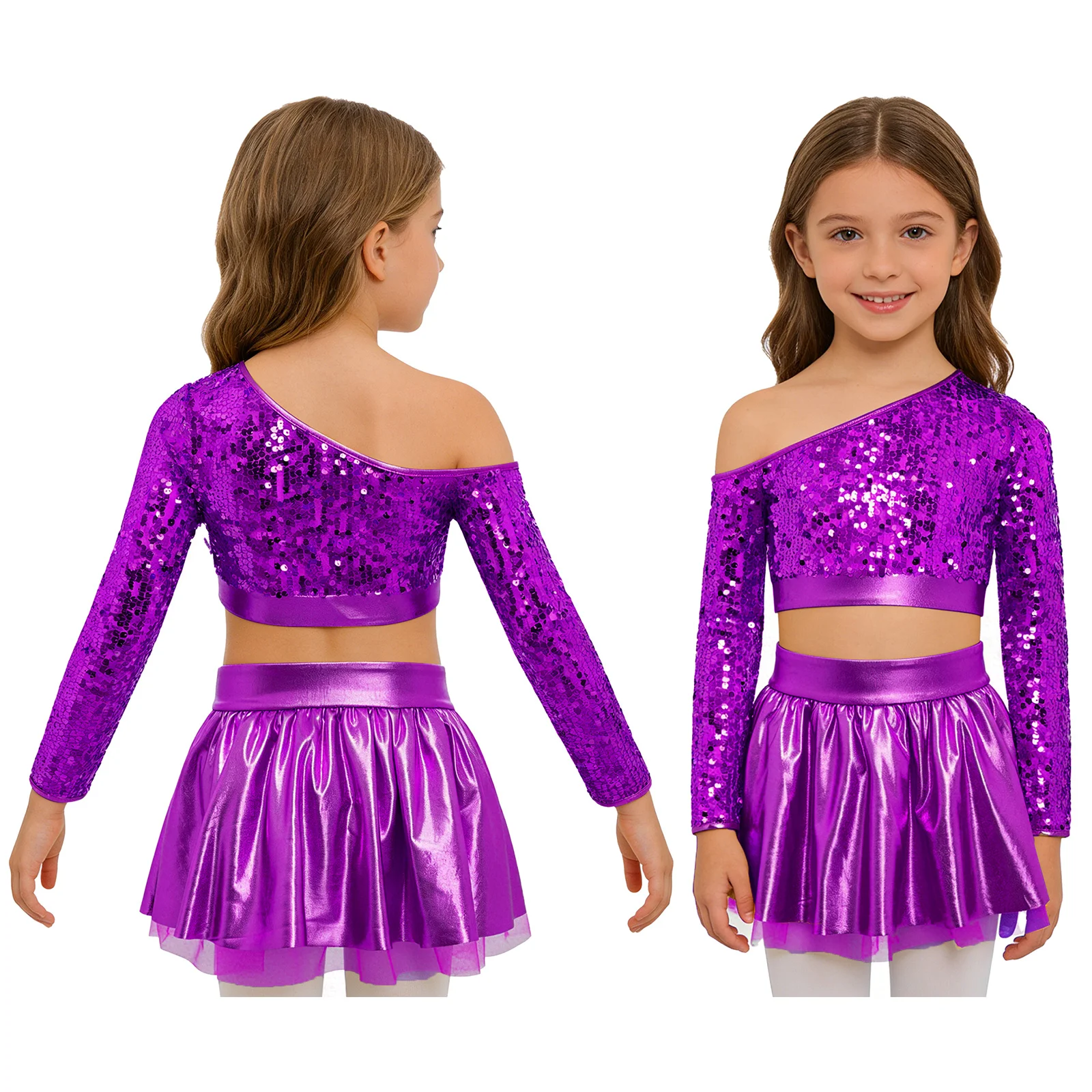 Children Girls Metallic Shiny Jazz Dance Cheerleading Costume Long Sleeve Sequin Crop Tops Mesh Tutu Skirt for Stage Performance