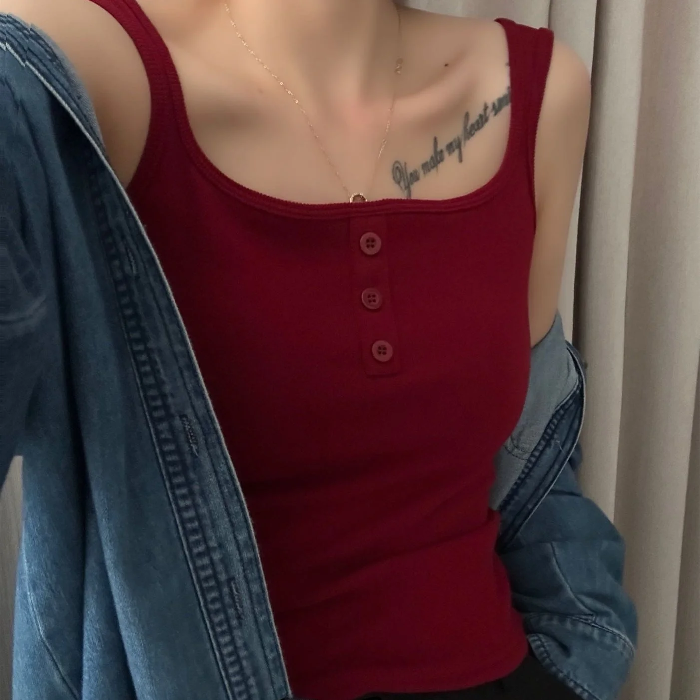 Pure Color Plane Shoulder Button Strap Vest Women's Autumn Winter Flocking Warm Inner Square Collar Sleeveless Base Hot Girl Top