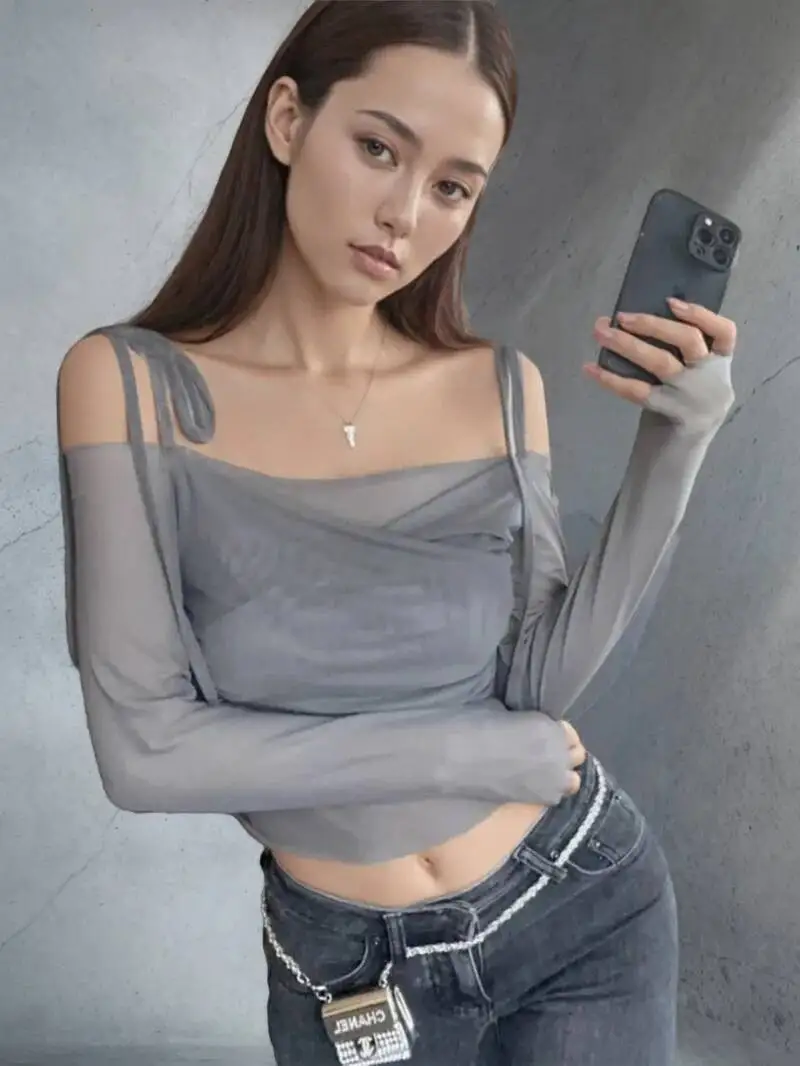 

Solid Slash Neck Crop Tops Sexy Off Shoulder Straps Long Sleeve T-Shirts Slim Mesh Tees Y2K Streetwear Women Tees Women MAW8