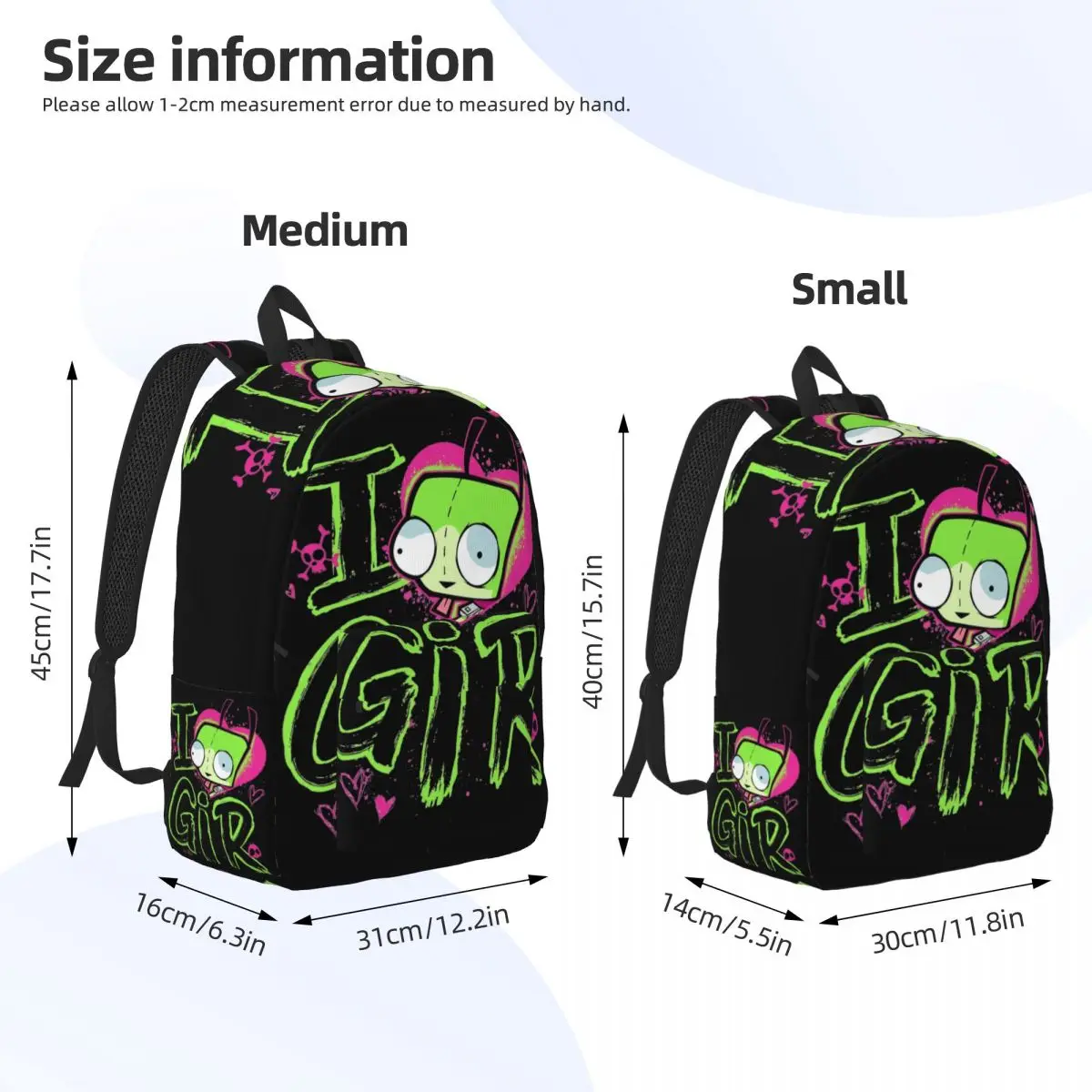 Invader Zim Valentine\'s Day Backpack for Men Women High School Hiking Travel Daypack I Love GIR Retro Pop Laptop Canvas Bag Gift