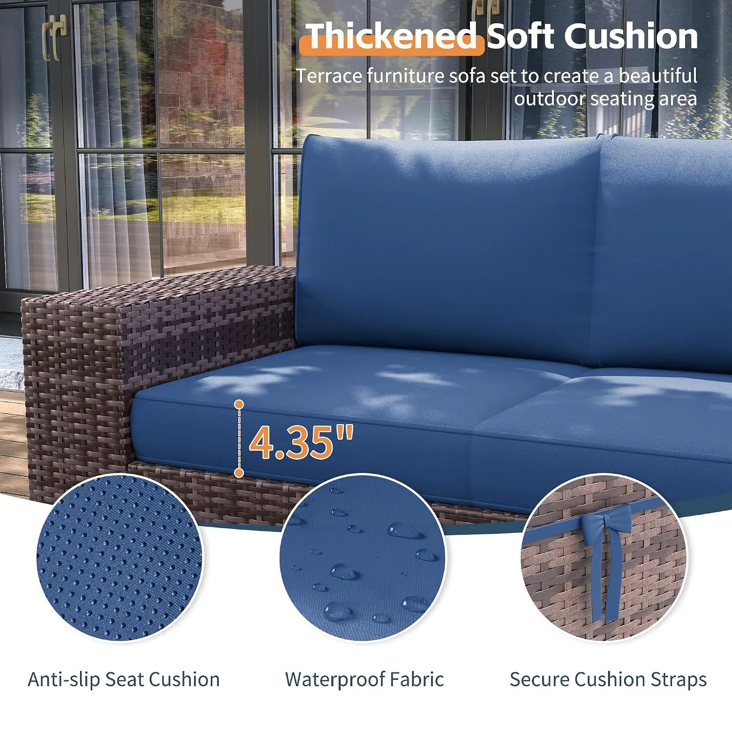 7-Piece Wicker Sofa with Fire Pit Table, 8 Inch Armrest, All-Weather Outdoor Patio Furniture Garden & Backyard, Customized
