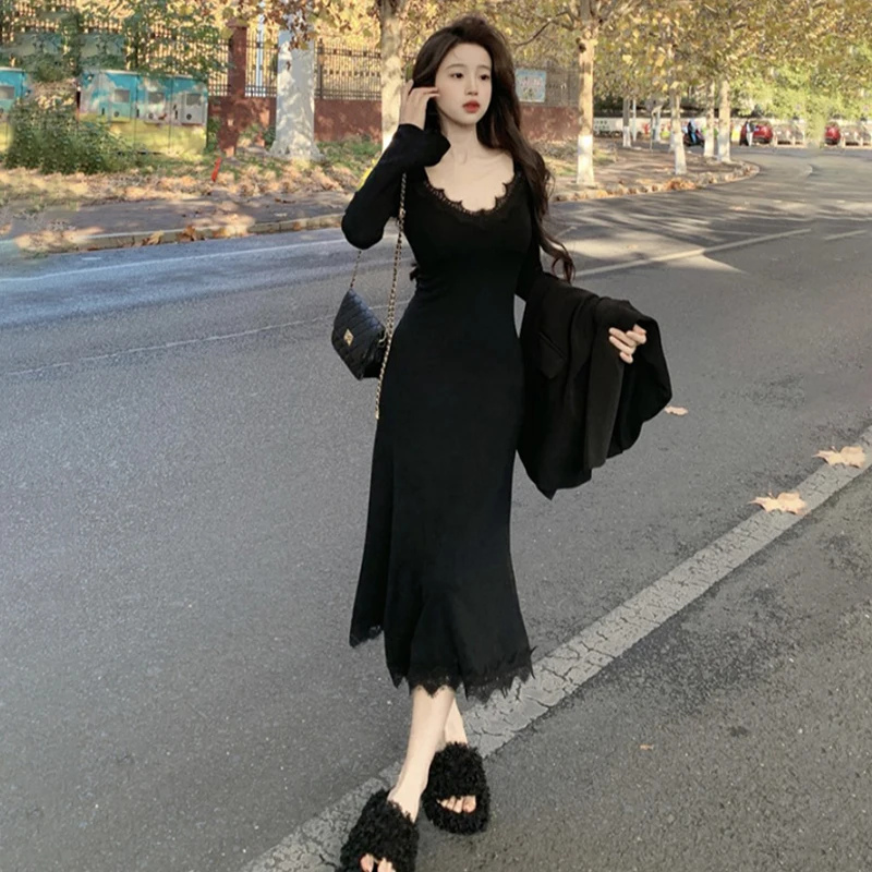 Women's Dress Solid Color Lace Splicing Sexy Long Sleeve Bodycon Long Dresses