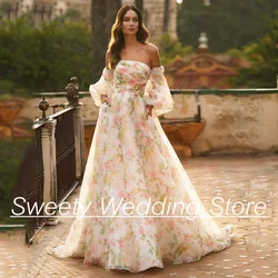 Romantic Floral Wedding Dress Puff Sleeves Strapless Pleat Body A Line Organza Princess Bridal Gown Vestido De Noiva