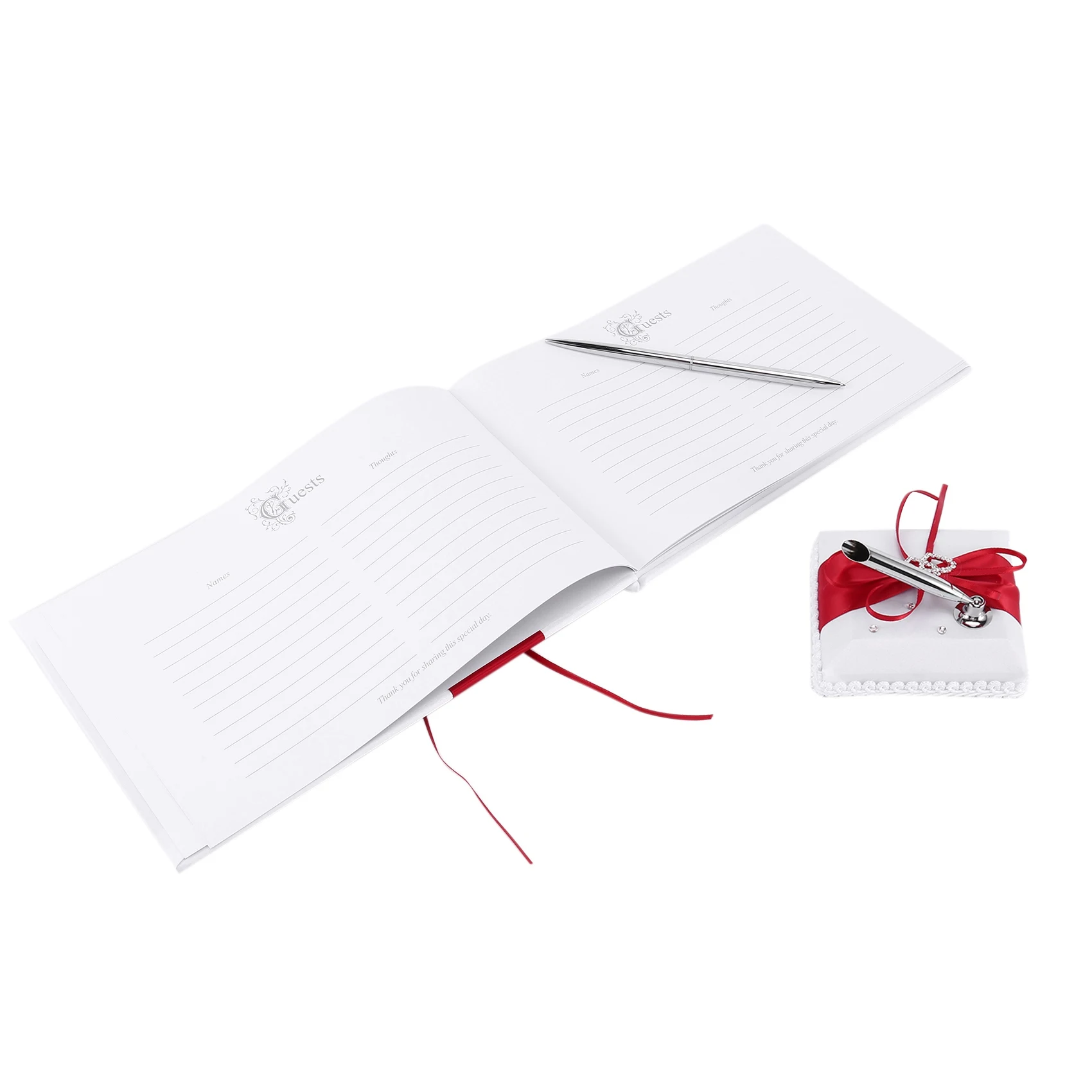 

B74A Wedding Guest Book With Pen Holder Sets Satin Bows Signature Book With Diamonds Love Shape For Decorations-Red+White