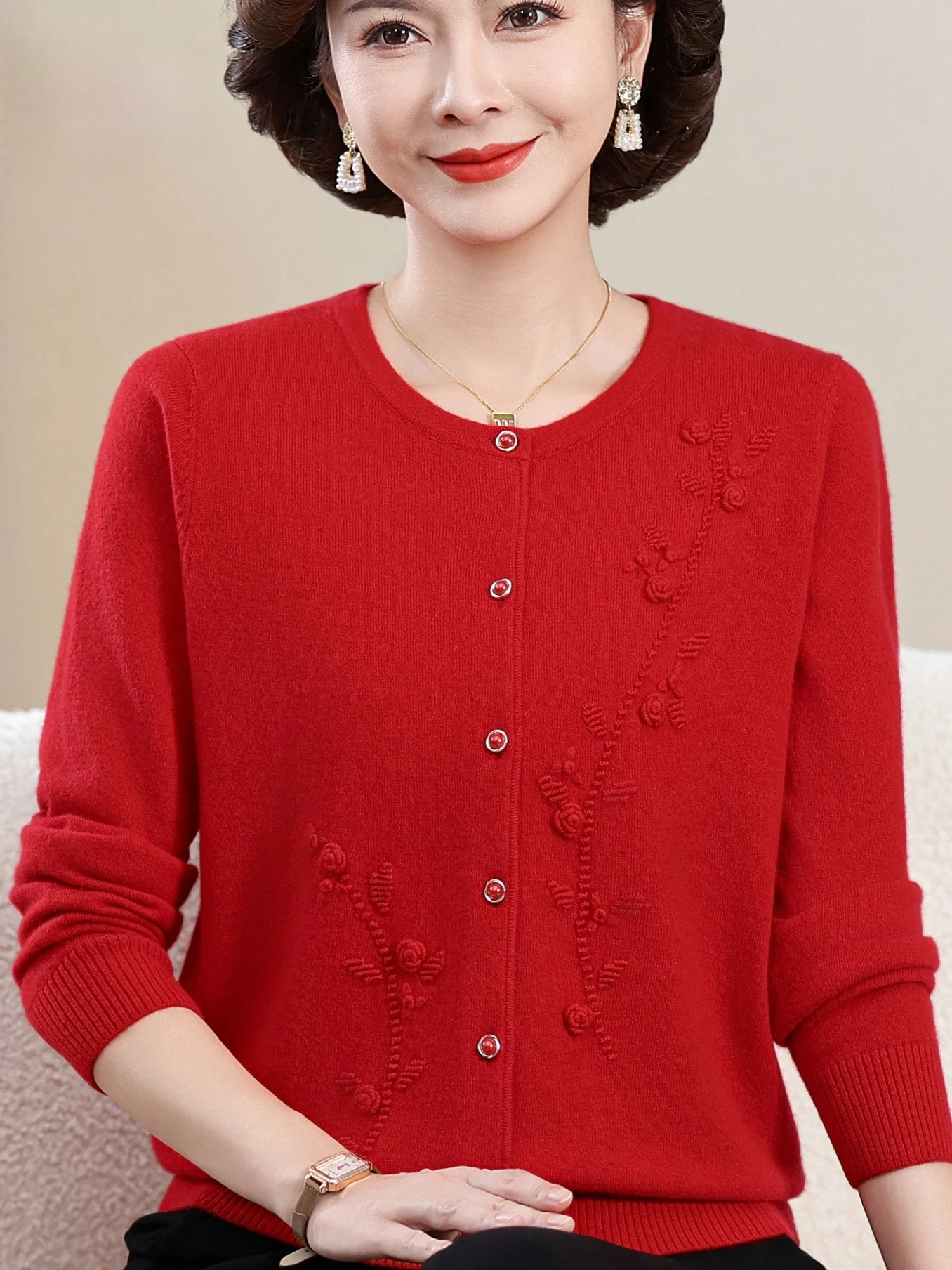 

Spring Autumn Pure Wool Embroidered round Ne Open Cardigan Sweater Mom Sle Outerwear for Middle Aged And ly Women