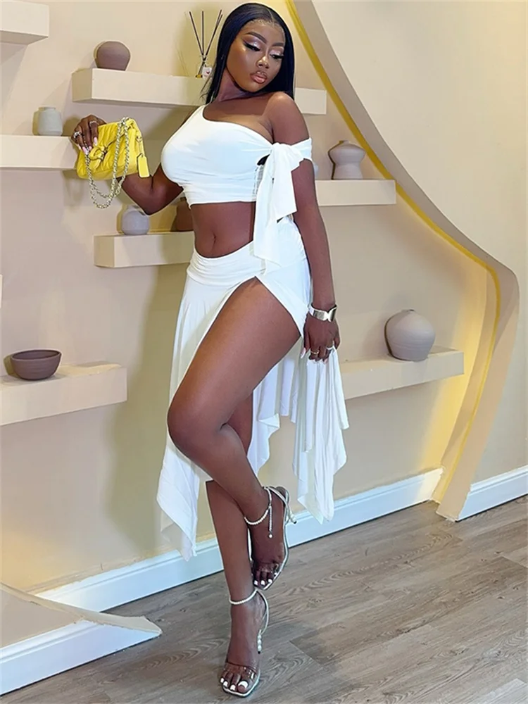 

Weird Puss Ruched Irregular 2 Piece Set Women Skew Collar Bandage Tassel Backless Crop Tops+Ruffles Slits Skirt Street Sexy Suit