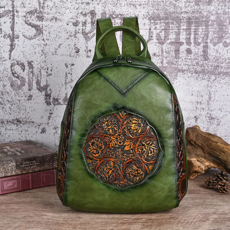 Vintage Women Leather Backpack Floral Female Double Shoulder Bag Functional Chiniese Style Ladies Handbag