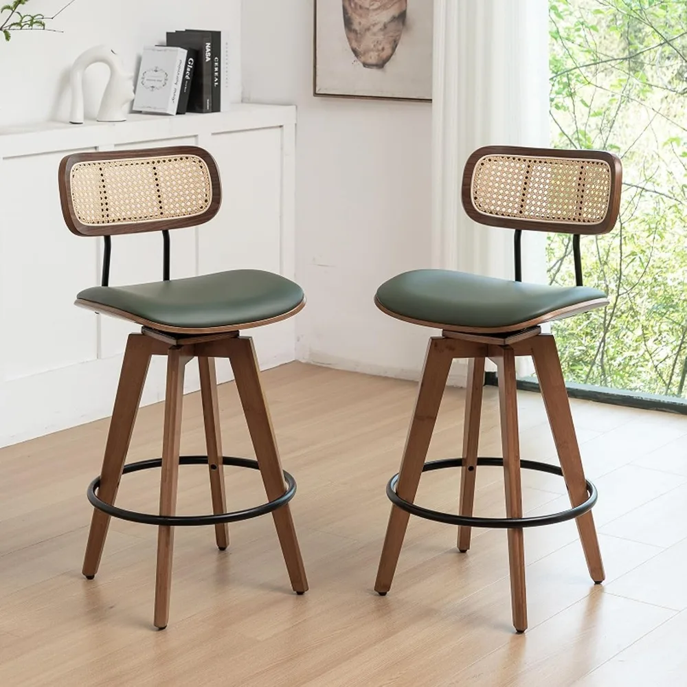 

Counter Height Swivel Barstools with Rattan Backrest/Wooden Legs,Armless Mid Century Modern Bar Chairs for Kitchen