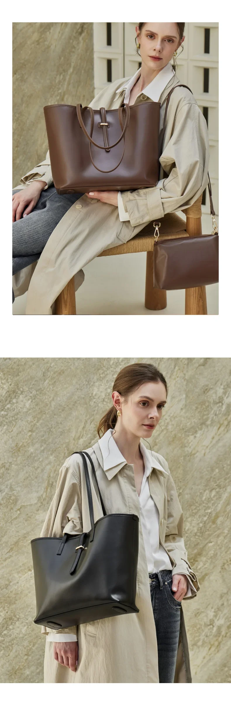 HIFASHION طقم حقائب يد نسائية من جلد البقر الأصلي مكون من قطعتين، حقائب كتف وكروس بودي كبيرة السعة بتصميم ريترو للعمل والتسوق