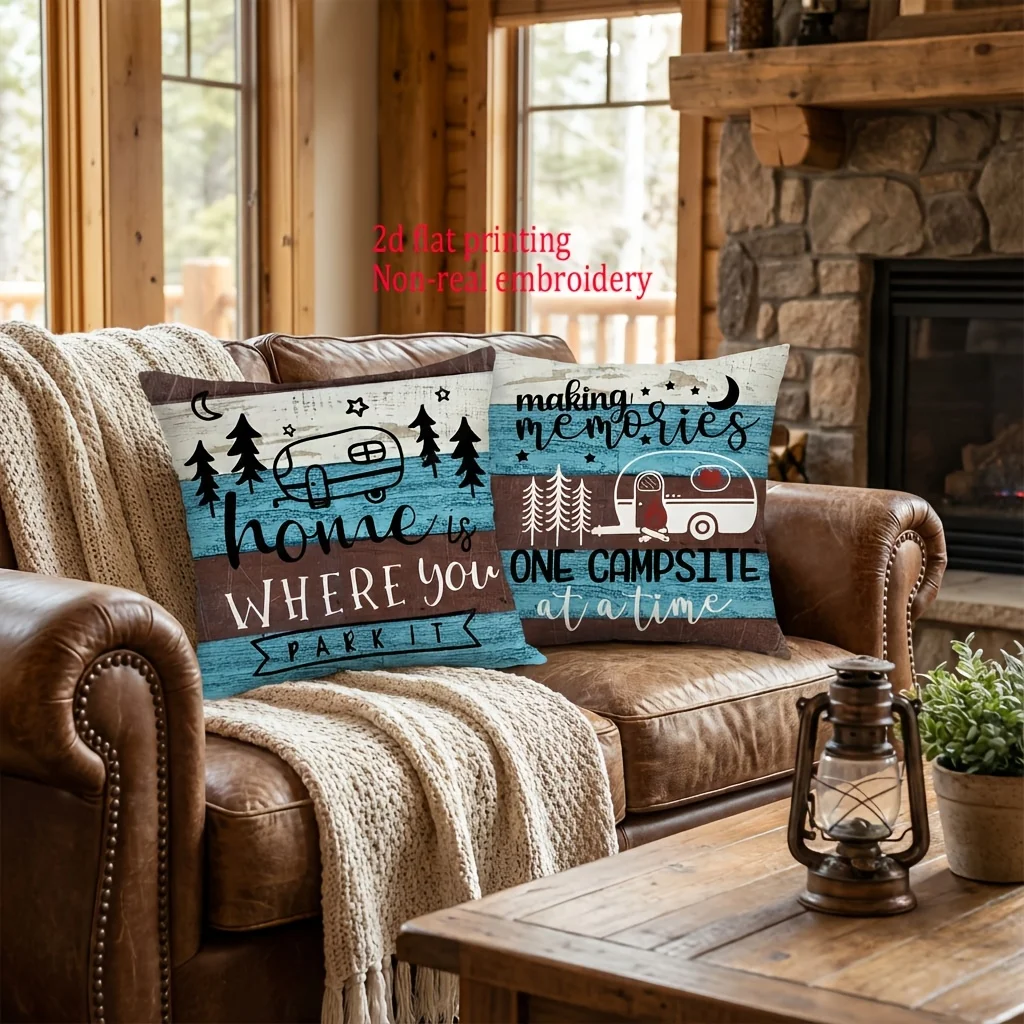 Farmhouse Happy Camping Pillowcase, Welcome to Our Campervan Print Cushion Cover, RV & Home Decor