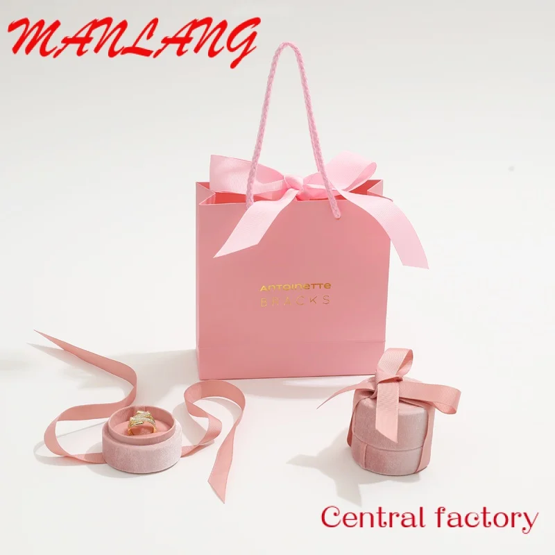 Custom  Custom Printed Your Own Logo White Pink Paper Jewelry Gift Craft Shopping Paper Bag With Ribbon Handles