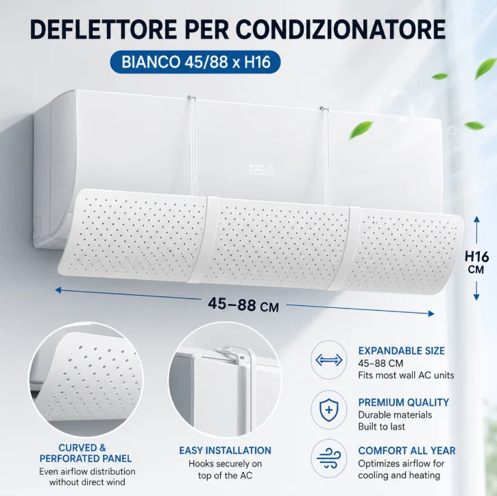 Déflecteur d'air blanc réglable pour climatiseur, DEFLETTORE PER CONDIZIONATORE BIANCO, 45-88cm de largeur x 16cm de hauteur, déflecteur anti-courant d'air direct pour climatiseur, pare-vent perforé pour climatiseur mural split
