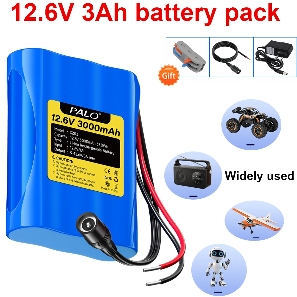 PALO 12.6V 3Ah Rechargeable Lithium Ion Battery Pack 3000mAh Portable Battery for 12.6V Devices, RC Car, Boat, Robot, DlY+Charge