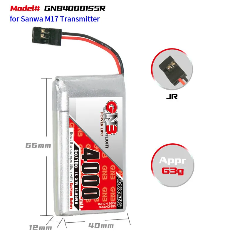 GAONENG GNB 1S 3.7V 4000mAh 5C/10C Batteria Lipo con pacchetto trasmettitore JR per modello di telecomando Sanwa M17 RC