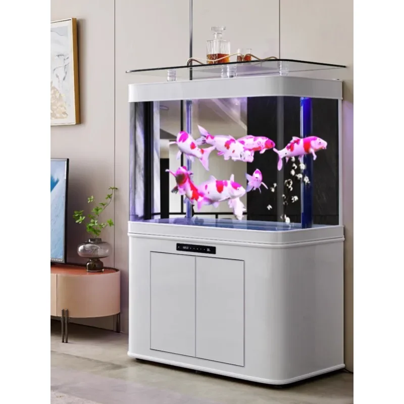 Large-scale floor-to-ceiling luxury household ecological bottom filter water-changing-free silent aquarium in ultra-white glass