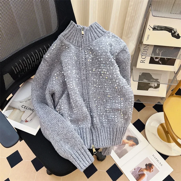 Korean design sequin stand up collar slimming double headed zipper sweater for women 2024 autumn versatile knitted cardigan