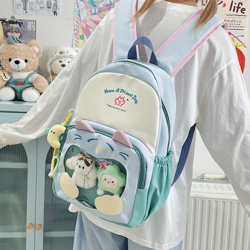 Cute Cat Ear Transparent Ita Bag Backpack Girls Color Block School Bag Large Capacity Casual Cartoon Backpack For Doll Display