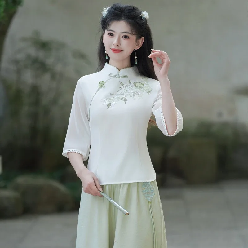 2025 Summer New Retro Chinese Style Women's Fashion Embroidered Stand Collar Button up  Top Zen Tea Clothing