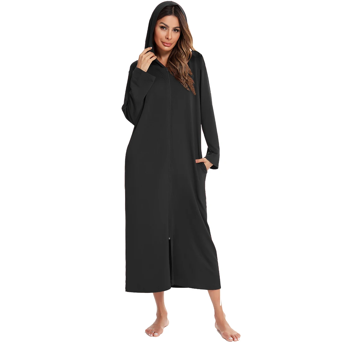 Pajama Zip-Up Robe Women's Full-length Hooded Sweatshirt For HomeWear With Pockets