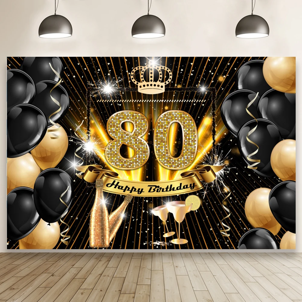 

Black Gold 80th Birthday Backdrop Gloden Crown Men Women 80 Years Old Birthday Party Custom Photography Background Decor Banner