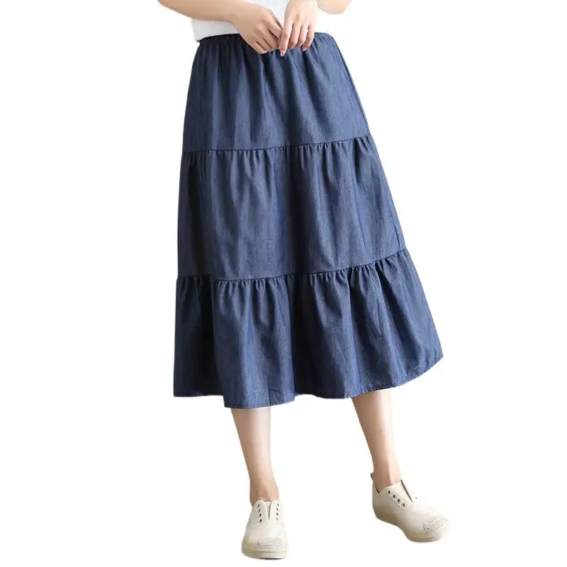 

2024 Summer jeans skirts brand Summer Ruffled pleated Denim skirts High Waist Students vintage Skirts plus size 5XL