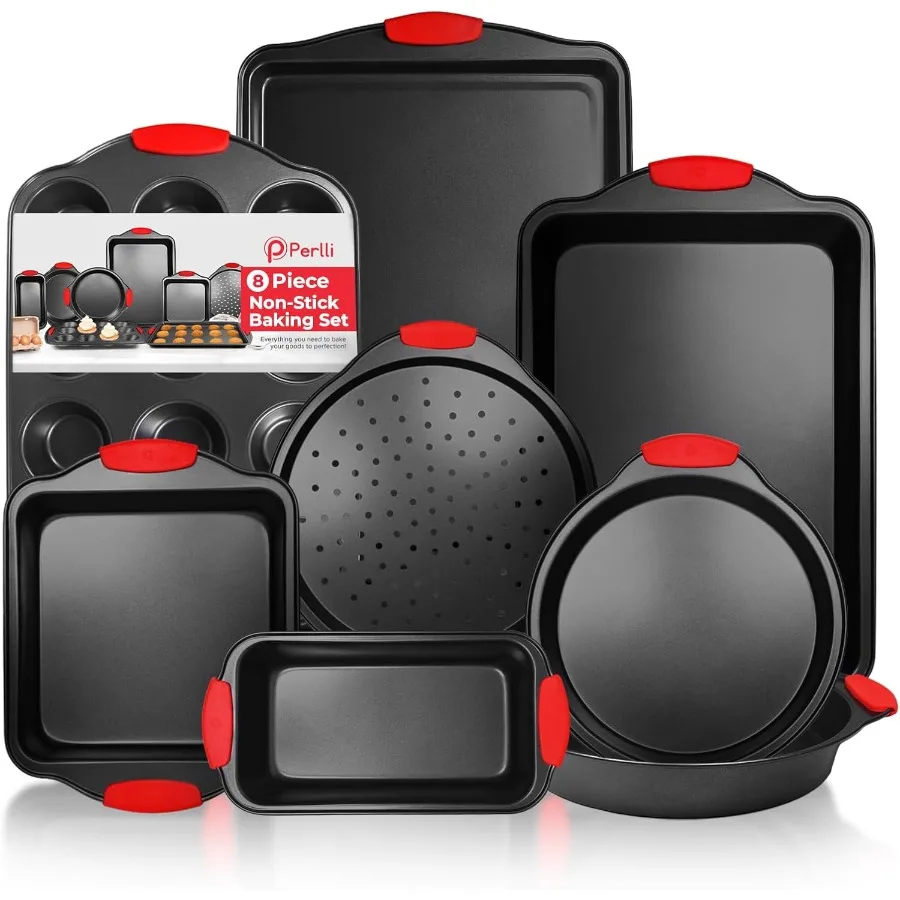 

Non-Stick 8-Piece Baking Pan Set, Carbon Steel Bakeware Set with Silicone Handles, Stackable Kitchen Oven Set, Oven Safe (446°F)