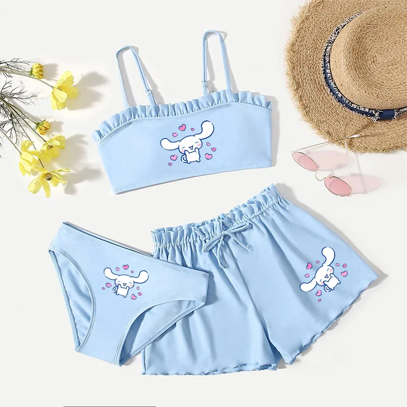 Conjunto de bañador de 3 piezas para niños, ropa de baño de Anime Kawaii, Kuromi, chaleco de dibujos animados, calzoncillos, pantalones cortos, Bikini, ropa de playa de secado rápido