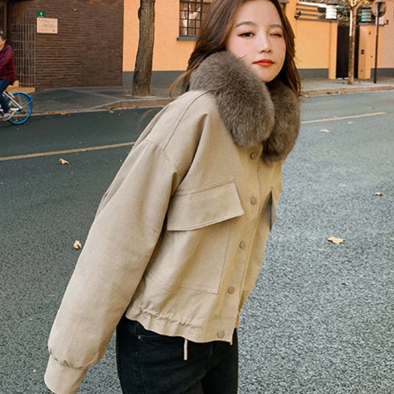 2023 Winter New Women Cropped Coat Female Warm Jacket Fashion Leisure Thick Loose Solid Casual Sweet Detachable Collar All-Match