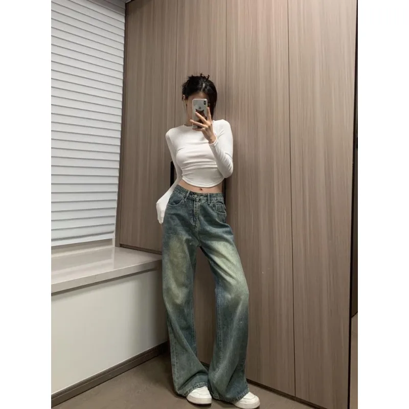 Women High Waist Gradient Washed Wide Leg Jeans Vintage Loose Fit Denim Trousers