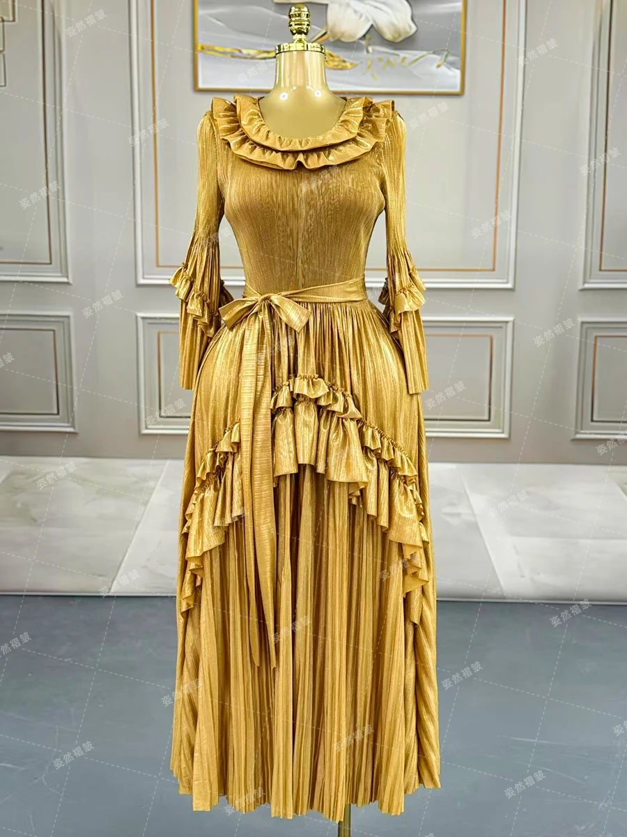 Plus Size Evening Purple Dresses Women Luxury Miyake Pleated Party Prom Ball Gowns Formal Long Sleeve Dresses Female Clothing