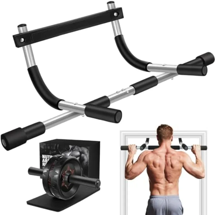 Home Gym Workout Set Doorway Pull Up Bar No Screws and Ab Roller Wheel with Knee Pad, Full Body Strength Training Equipment for