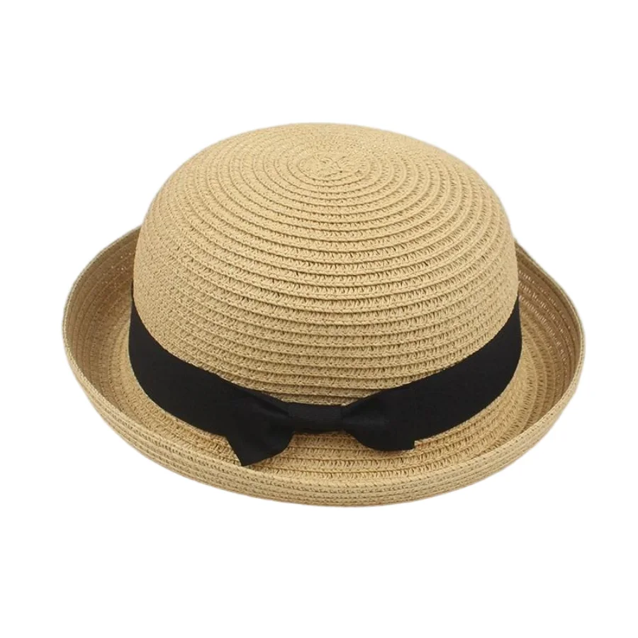 Neuer Damen-Sommer-Reisehut im koreanischen Stil mit gerolltem Rand, modischer Hut, niedlicher runder Hut, schlichter lässiger Strohhut mit Schleife – Detail 10